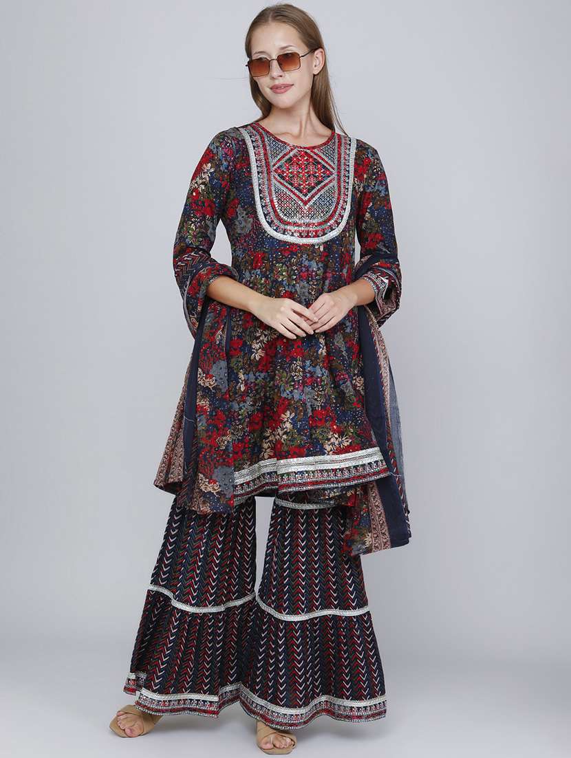women printed three quarter sleeve kurta sharara with dupatta set