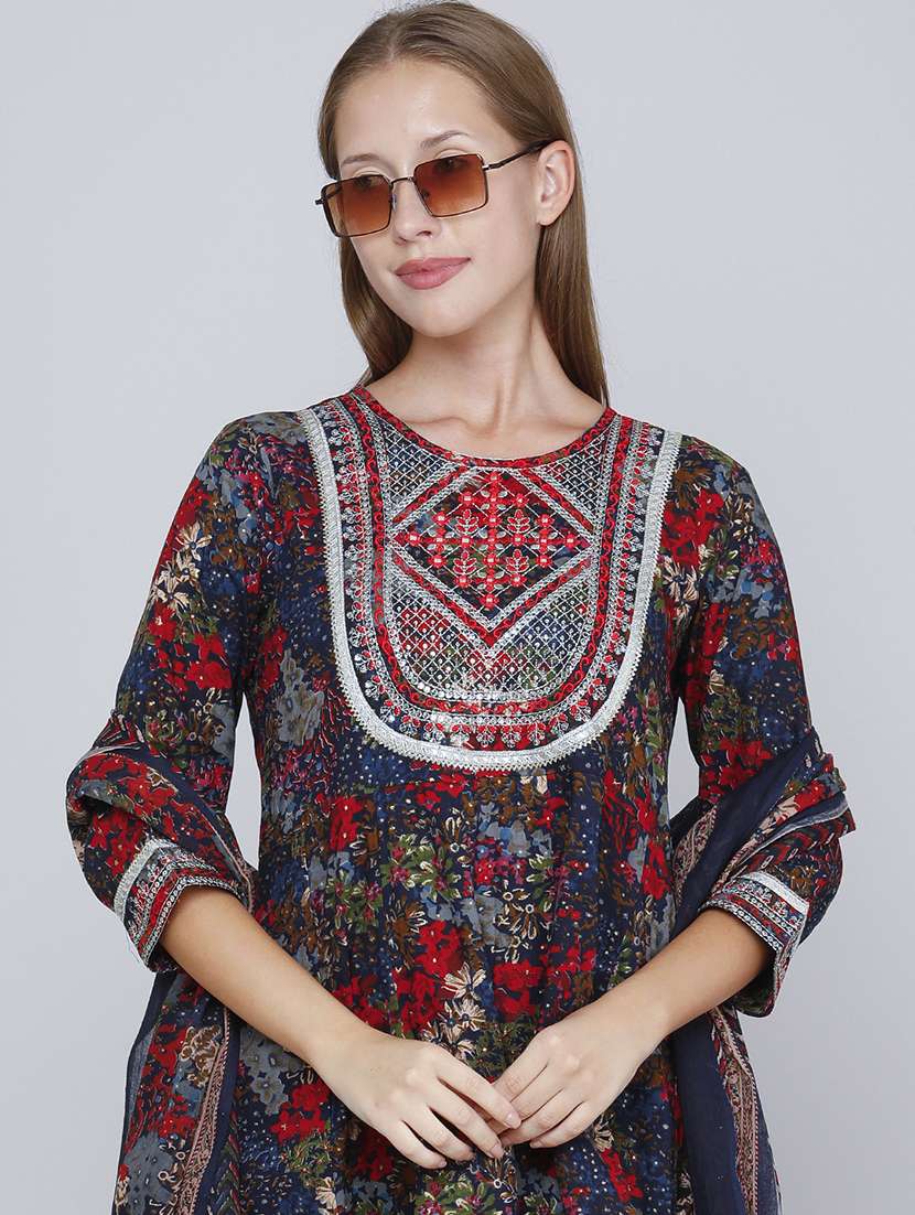 Women Printed Three Quarter Sleeve Kurta Sharara With Dupatta Set - 22340133 -  Standard Image - 1