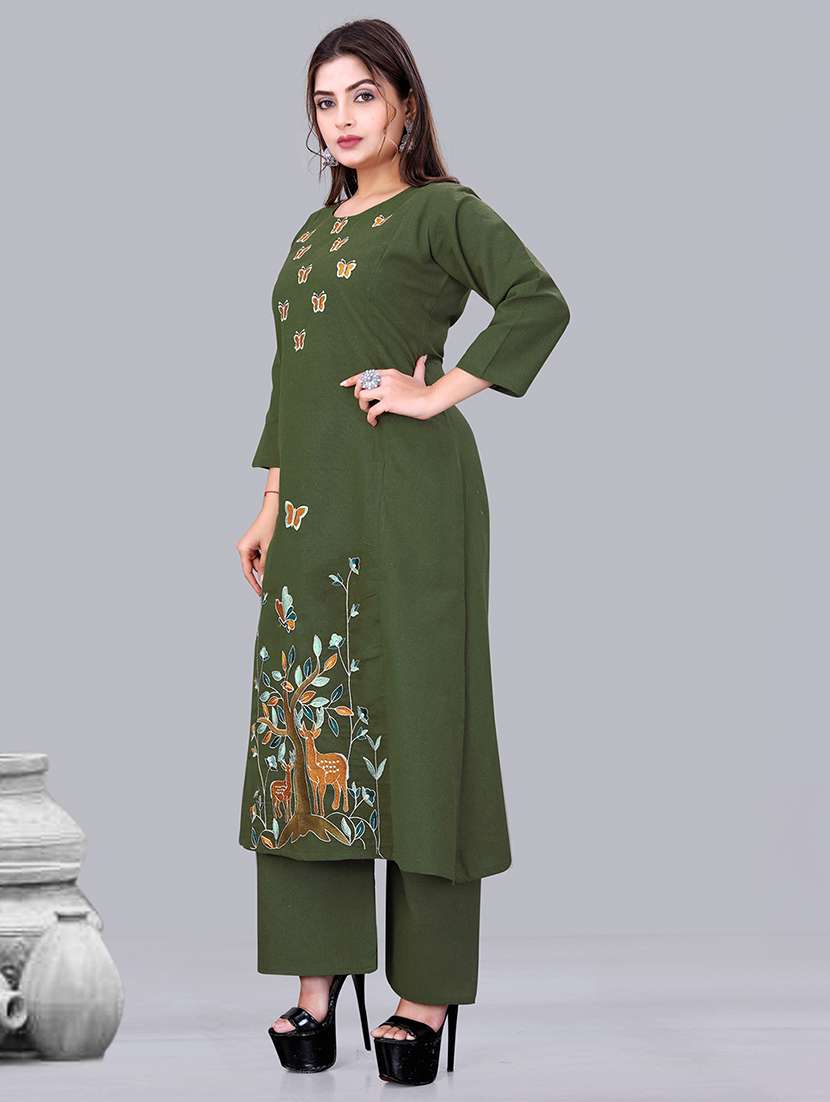 women solid with work three quarter sleeve kurta palazzo set - 22340404 -  Standard Image - 1