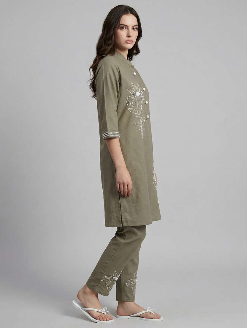 women solid with work three quarter sleeve ethnic co-ord set - 22340711 -  Standard Image - 1