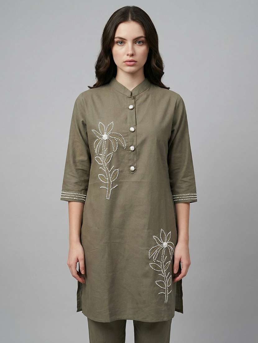 women solid with work three quarter sleeve ethnic co-ord set - 22340711 -  Standard Image - 4