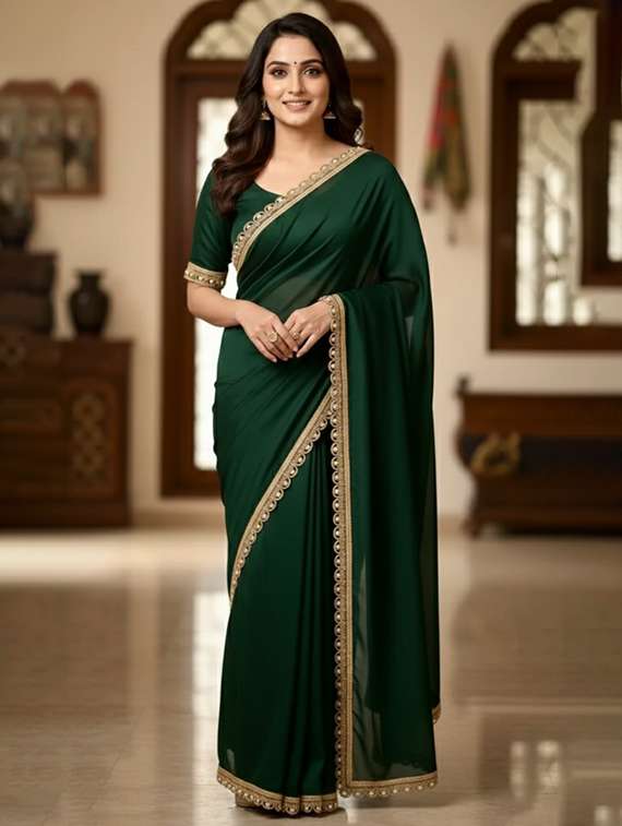 women solid with bordered saree with blouse
