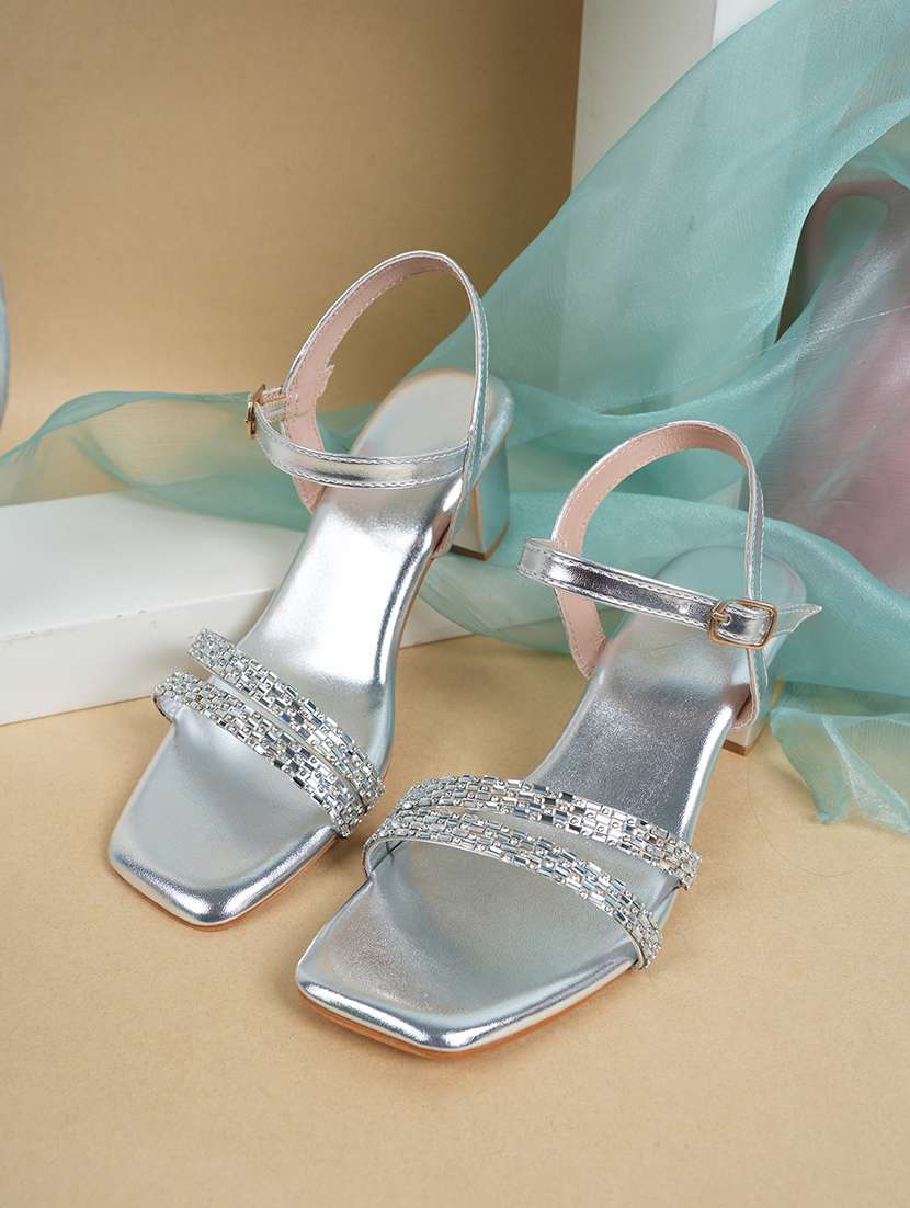 women embellished back strap block heels