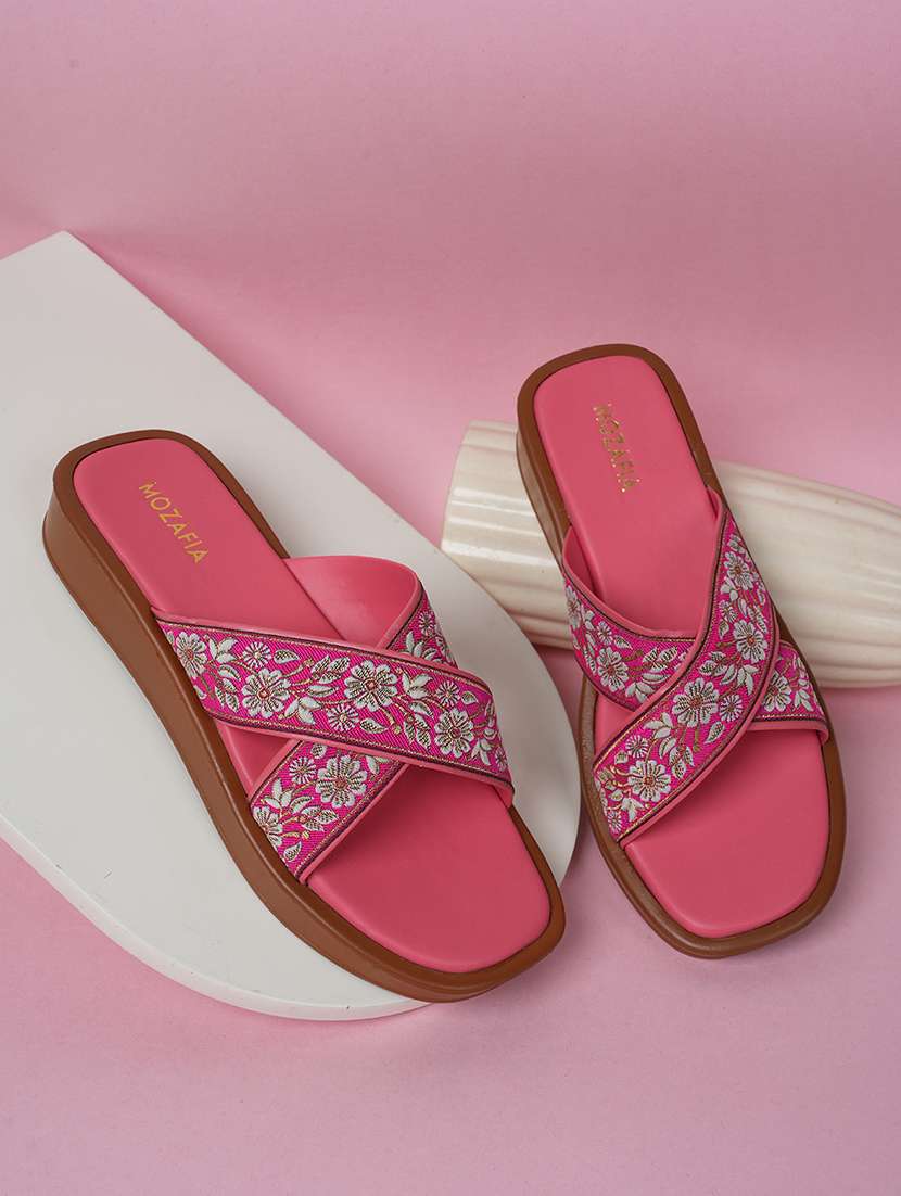 women embroidered slip on flat sandal