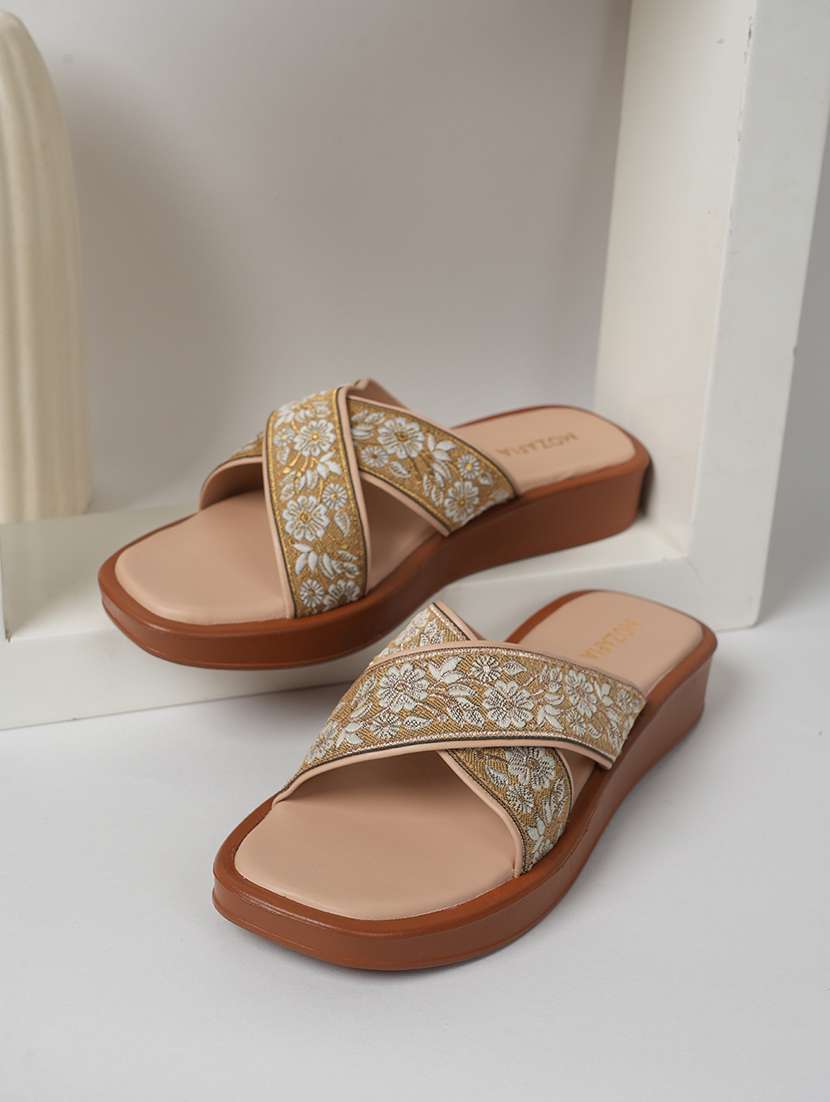 women embroidered slip on flat sandal