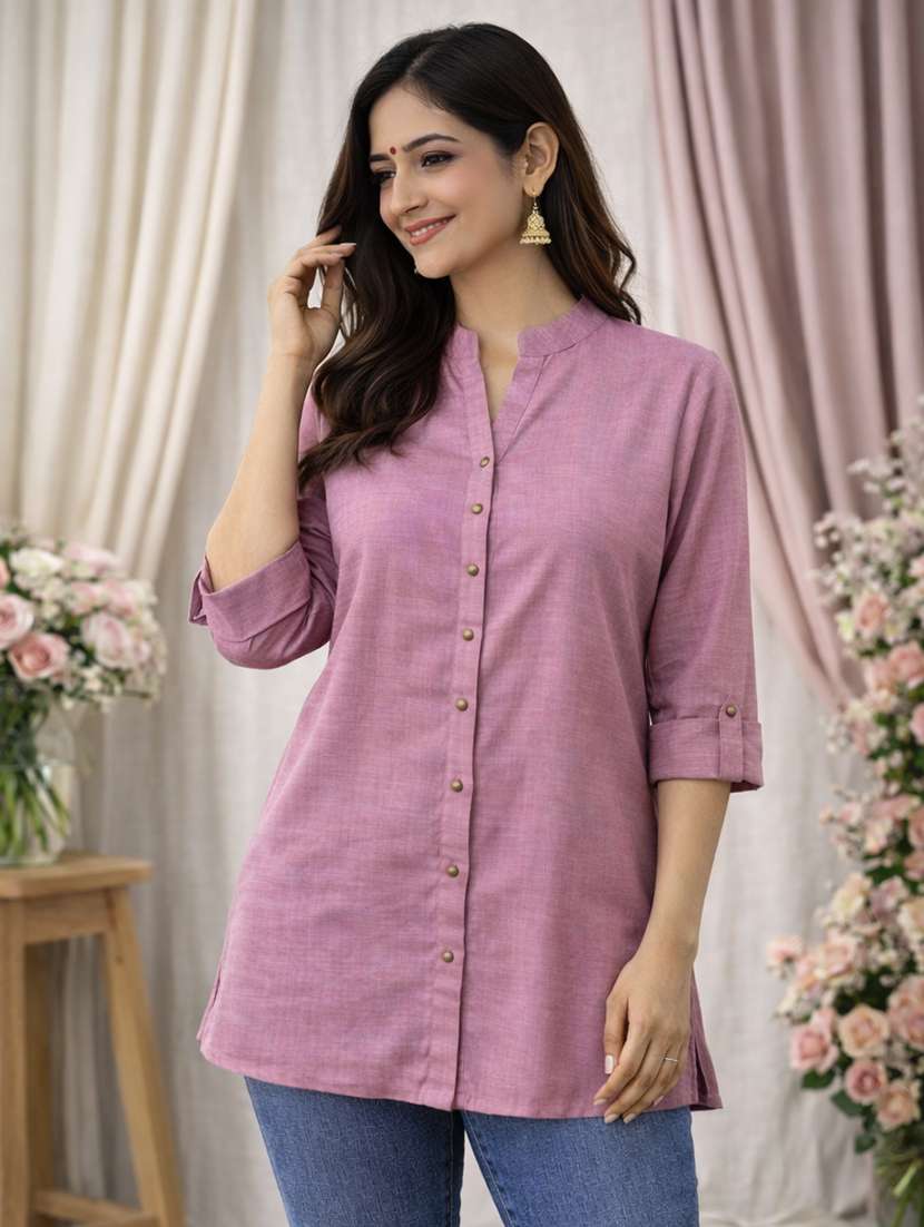 women solid roll up sleeve a-line kurti - 22342010 -  Standard Image - 1