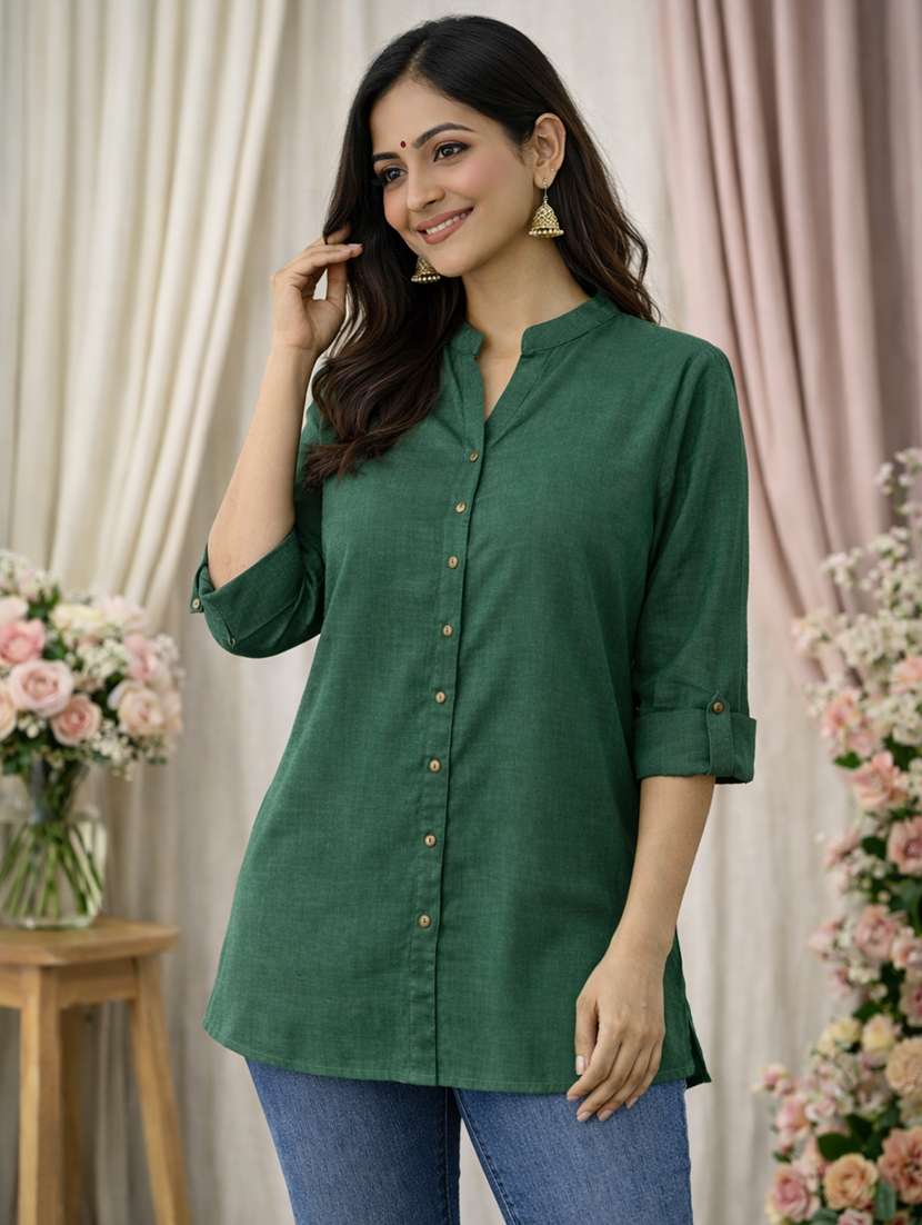 women solid roll up sleeve a-line kurti - 22342011 -  Standard Image - 1