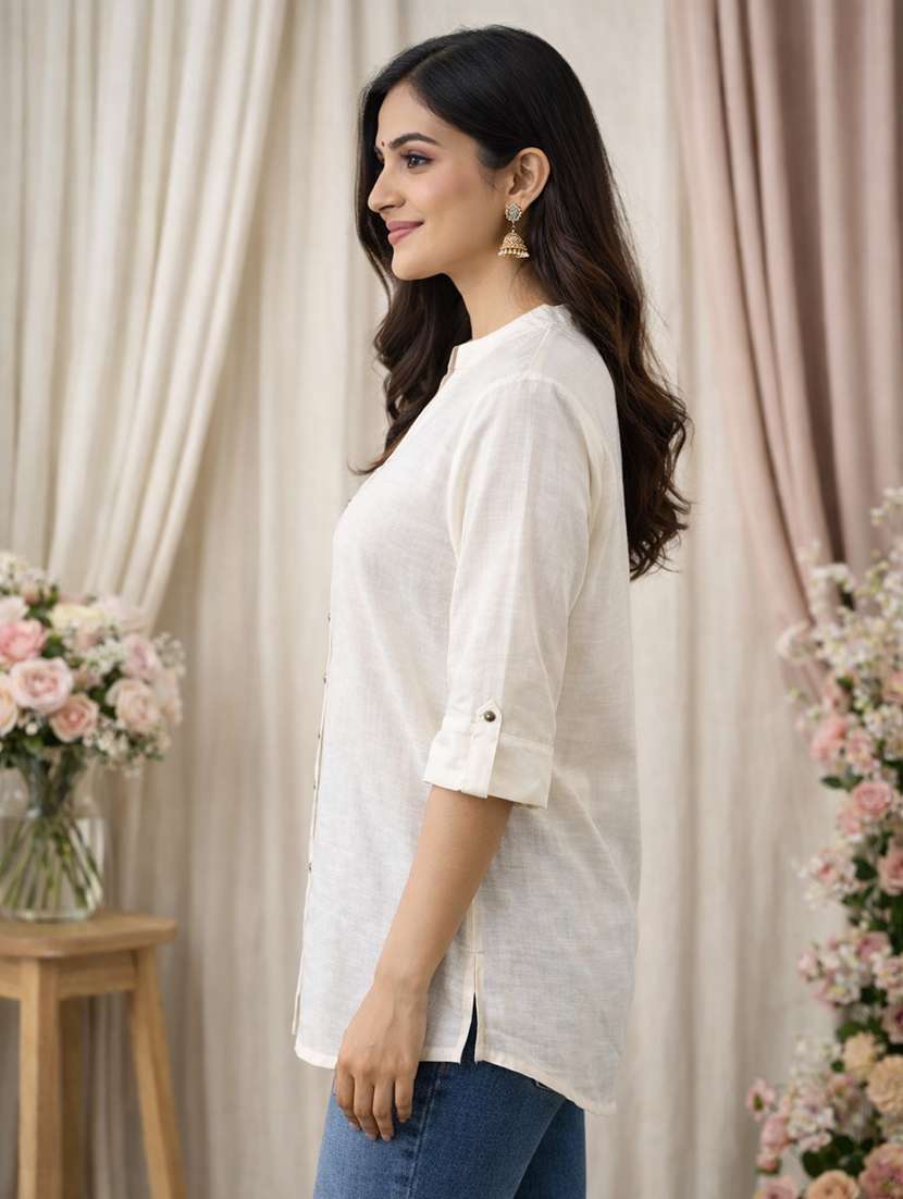 women solid roll up sleeve a-line kurti - 22342012 -  Standard Image - 1