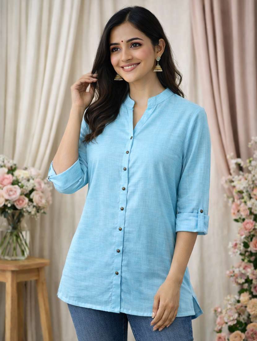 women solid roll up sleeve a-line kurti - 22342013 -  Standard Image - 1