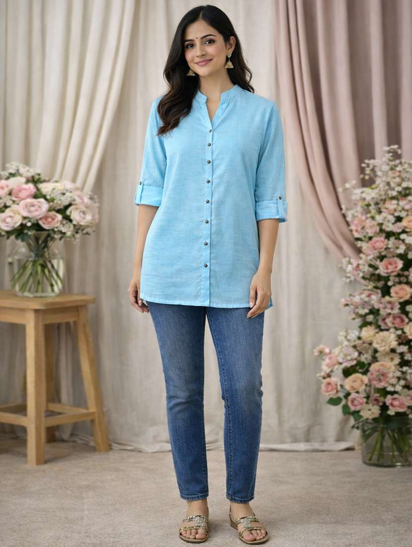 women solid roll up sleeve a-line kurti - 22342013 -  Standard Image - 4