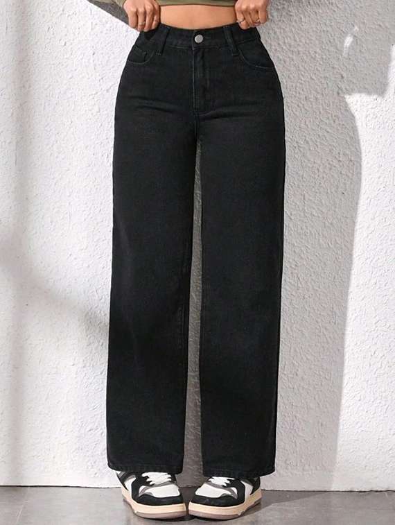 women solid high rise straight jeans