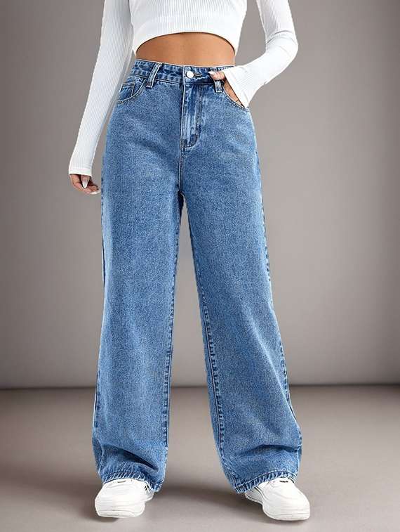women solid high rise baggy jean