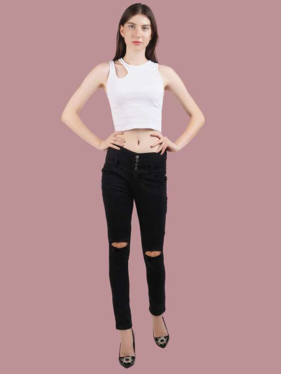 women solid slash knee mid rise slim fit jean - 22342728 -  Standard Image - 1