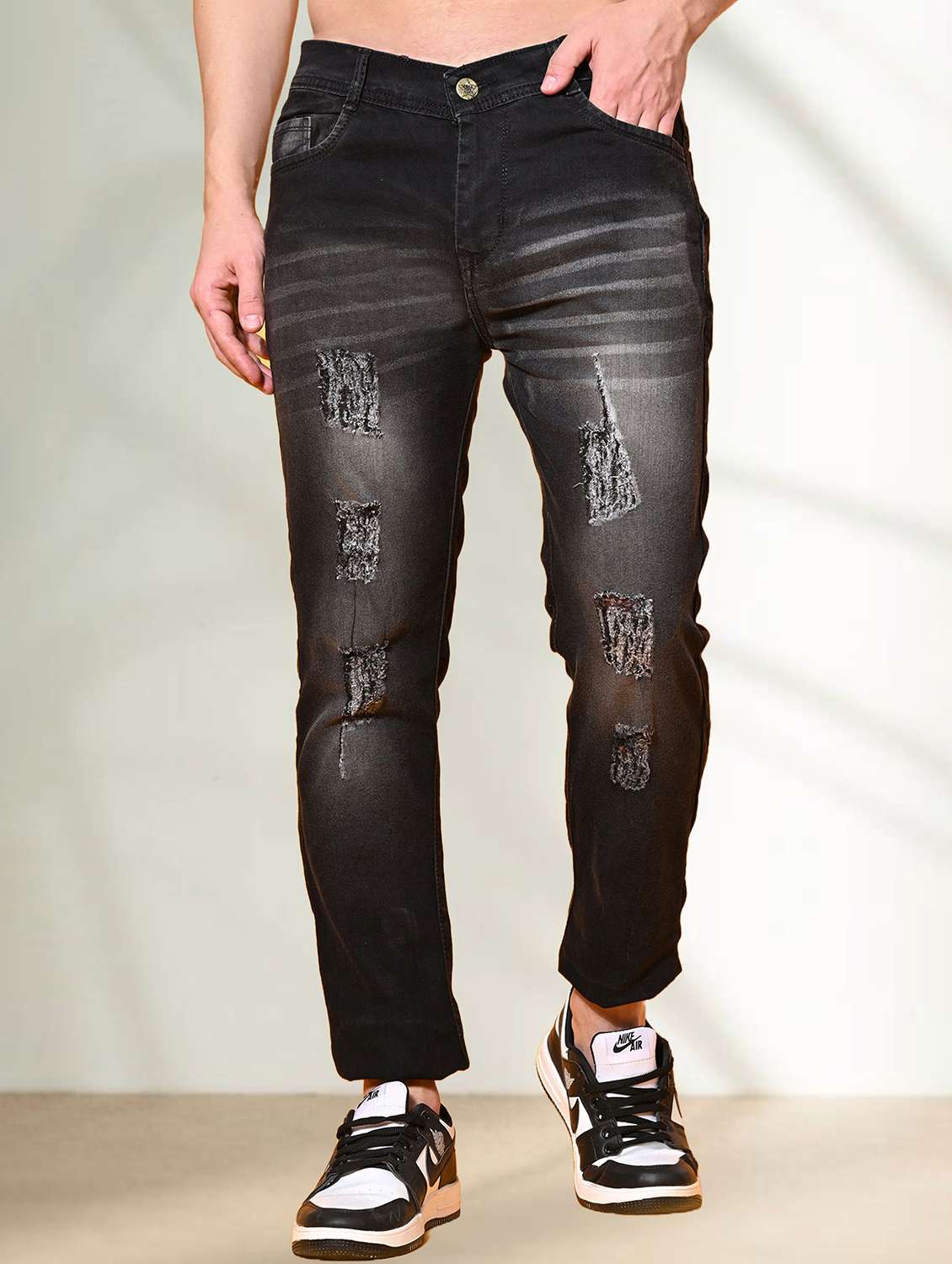 men distress mid rise full length slim fit jeans