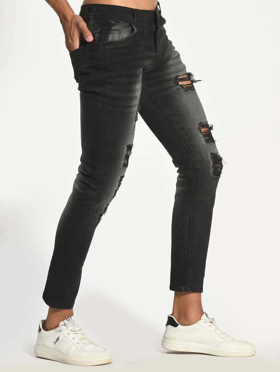 men distress mid rise full length slim fit jeans