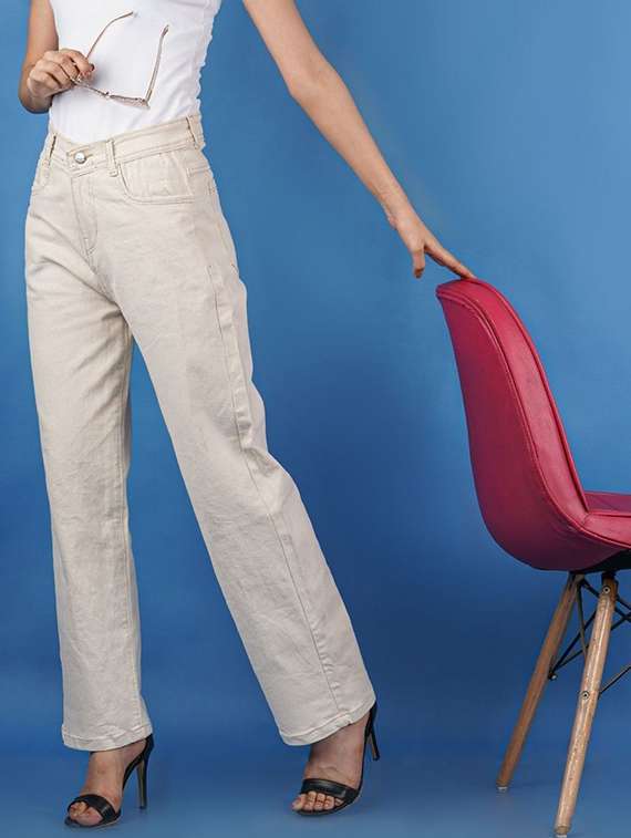 women plain mid rise straight fit jeans