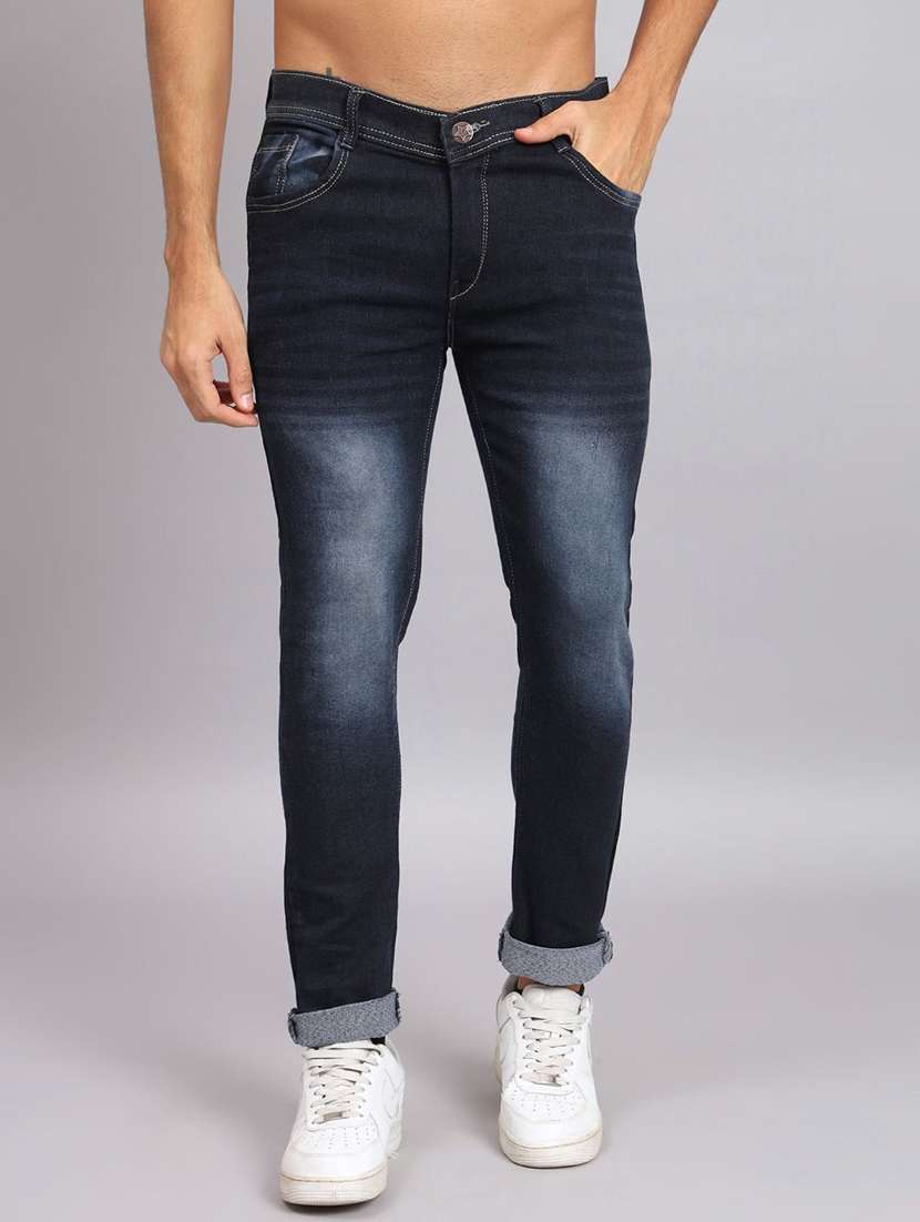 men washed mid rise full length jeans