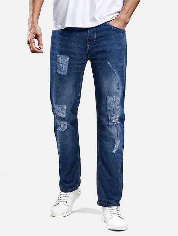 men distress mid rise full length jeans
