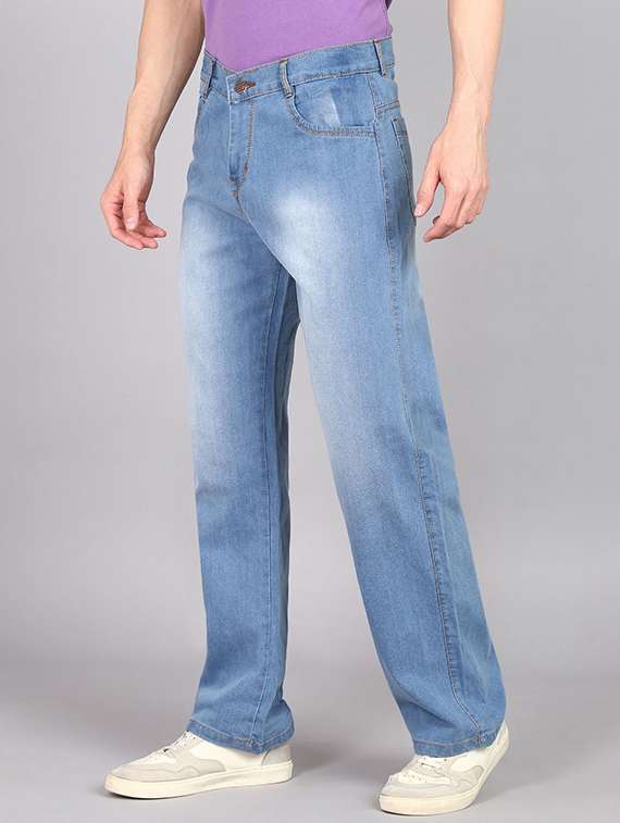 men washed mid rise full length jeans