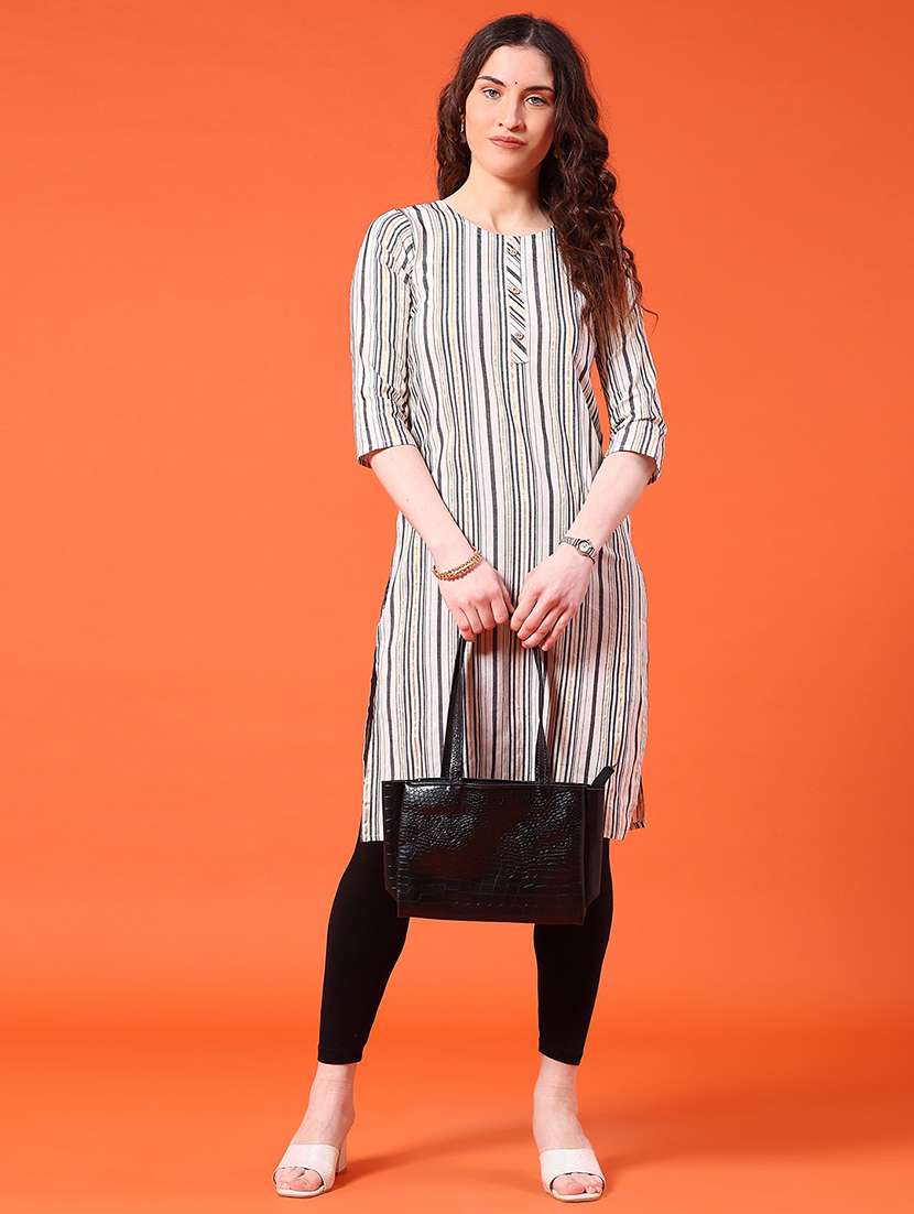 women striped three quarter sleeve straight kurta