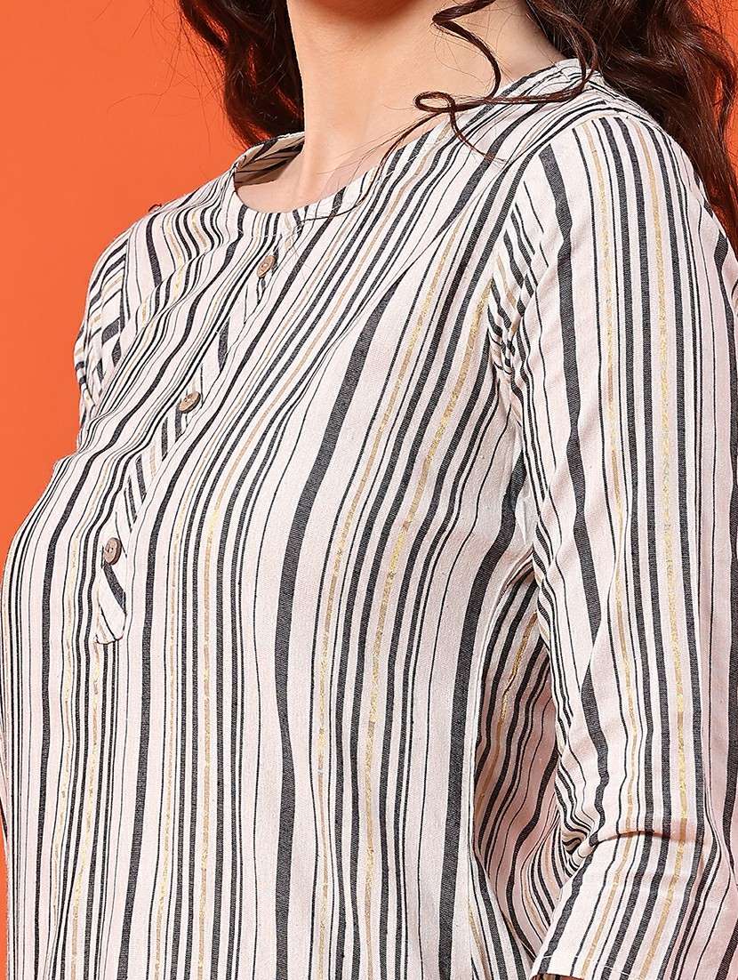 women striped three quarter sleeve straight kurta - 22345213 -  Standard Image - 1