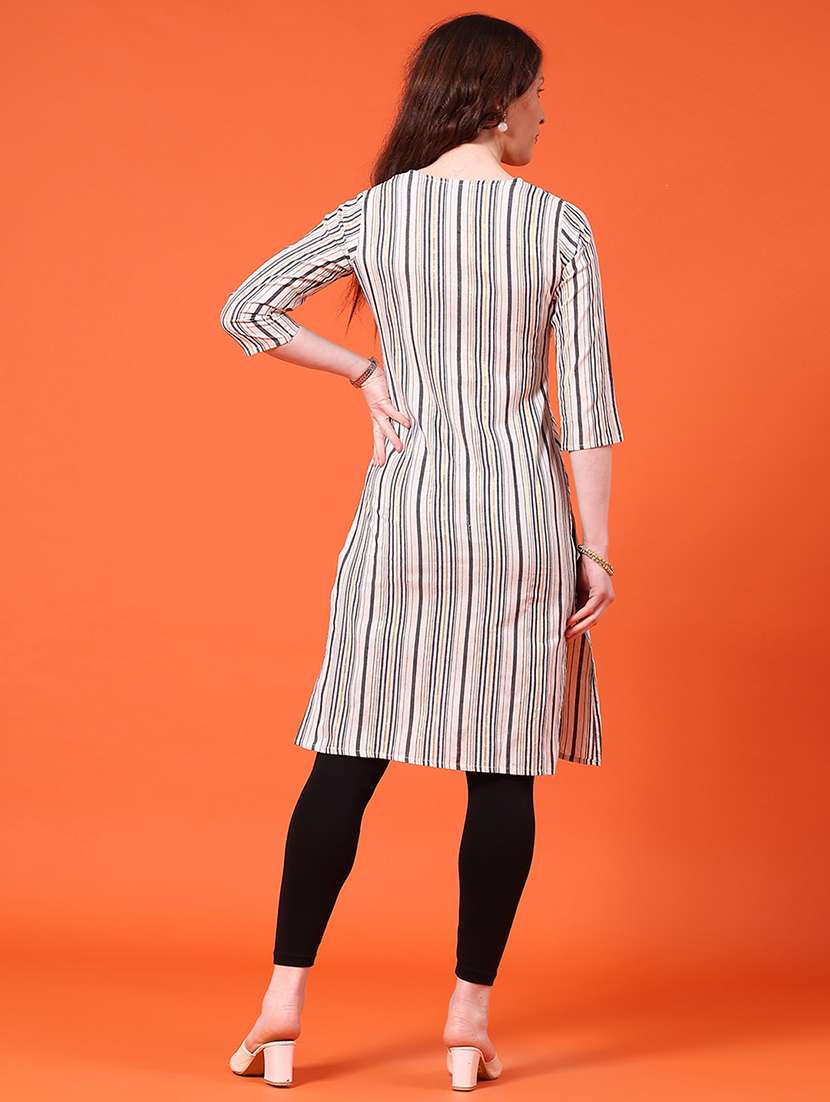 women striped three quarter sleeve straight kurta - 22345213 -  Standard Image - 4