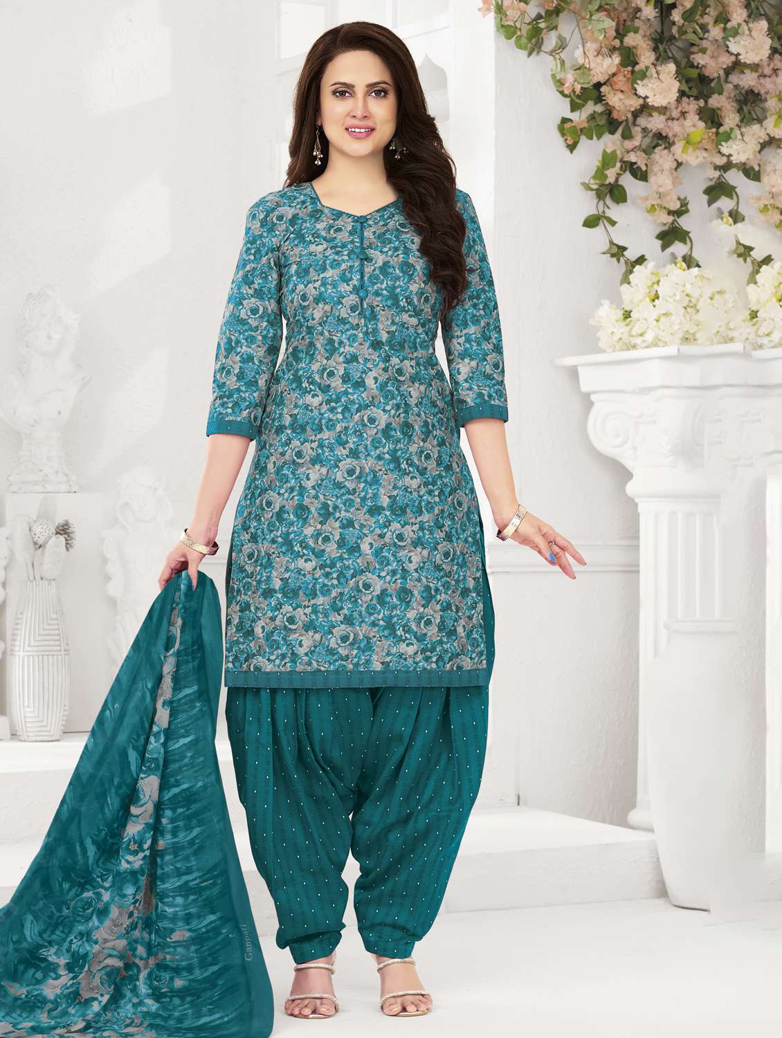 women printed three quarter sleeve kurta patiala with dupatta set - 22345745 -  Standard Image - 1
