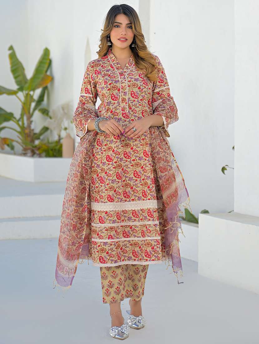women printed three quarter sleeve kurta pant with dupatta set - 22345795 -  Standard Image - 1