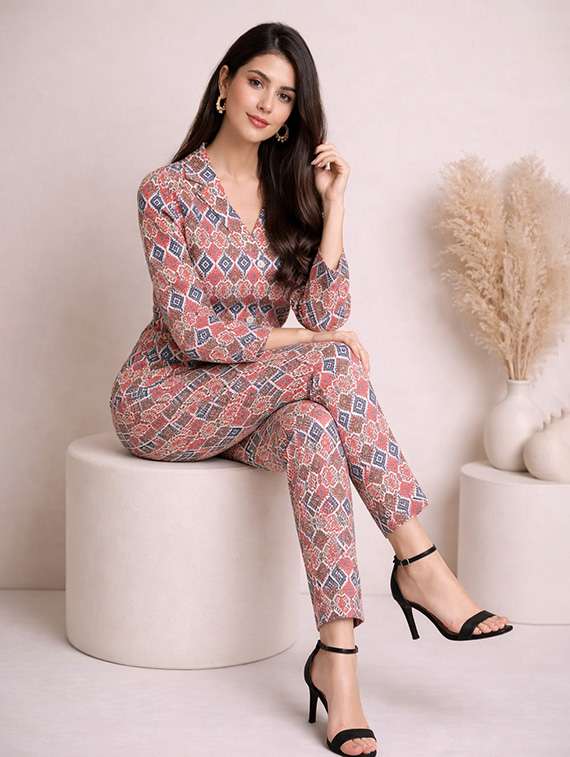 women printed blazer and trouser co-ord set - 22345820 -  Standard Image - 1
