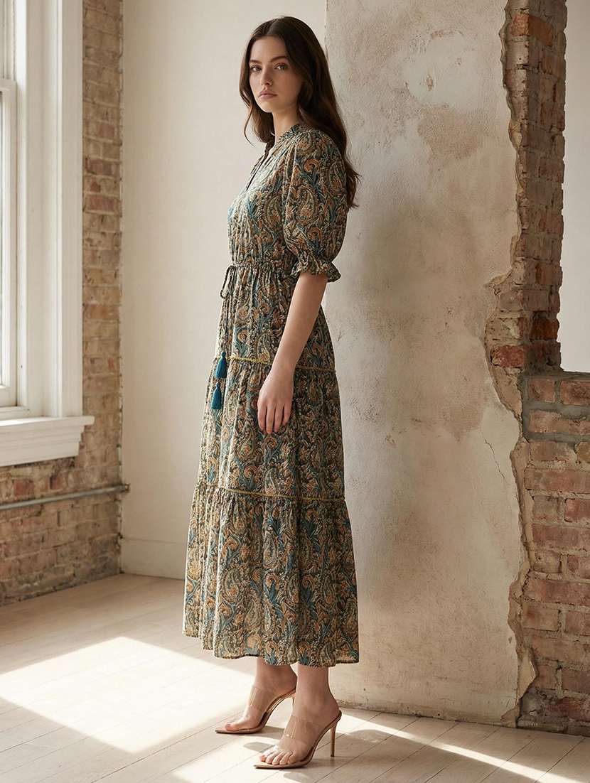 women print puff sleeve tiered dress - 22345824 -  Standard Image - 1