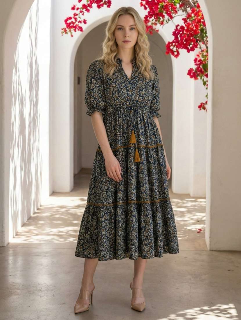women printed puff sleeve tiered dress - 22345846 -  Standard Image - 1