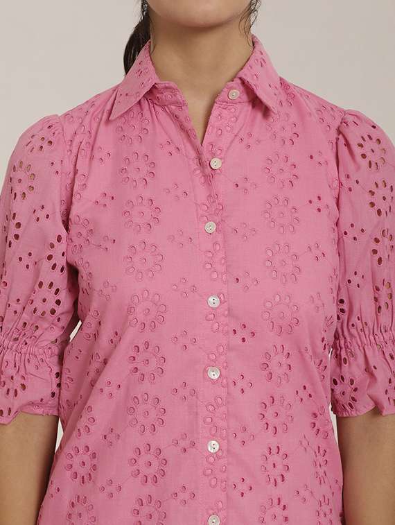 women solid puff sleeve schiffli shirt dress - 22345917 -  Standard Image - 4