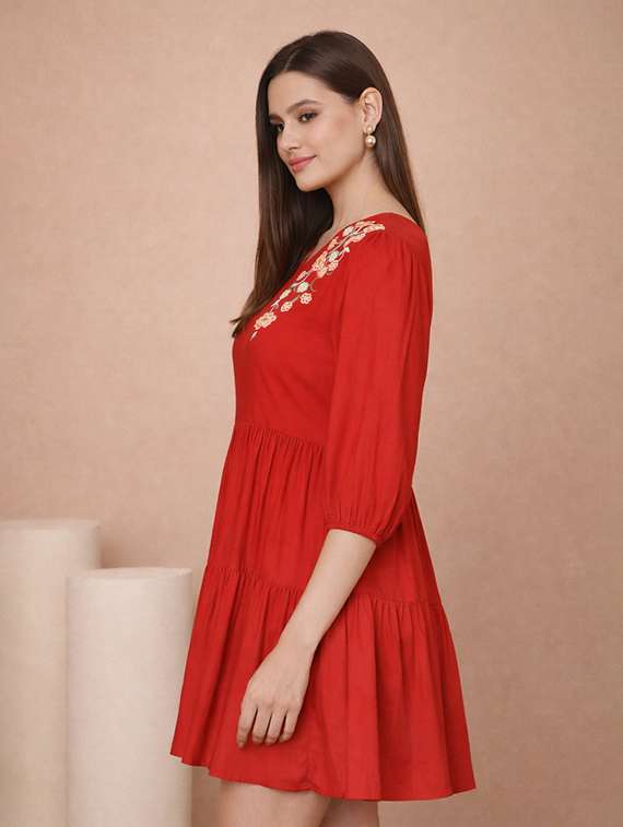 women embroidered puff sleeve tiered dress - 22345923 -  Standard Image - 1