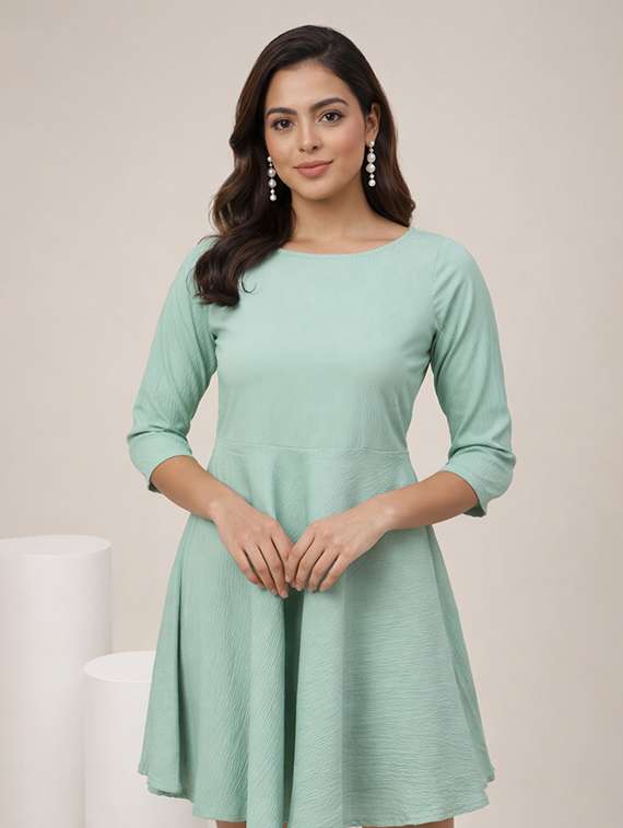 womne solid three quarter sleeve flared dress - 22345924 -  Standard Image - 1