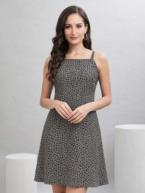 women printed shoulder strap a-line dress