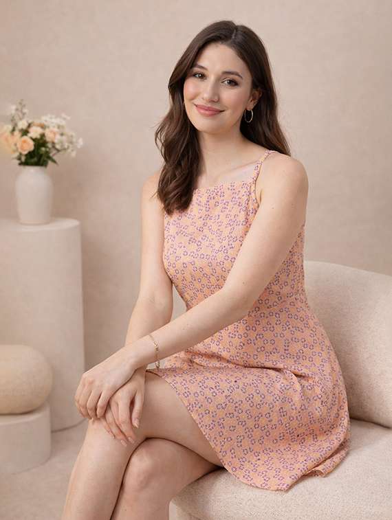 women printed shouler strap a-line dress