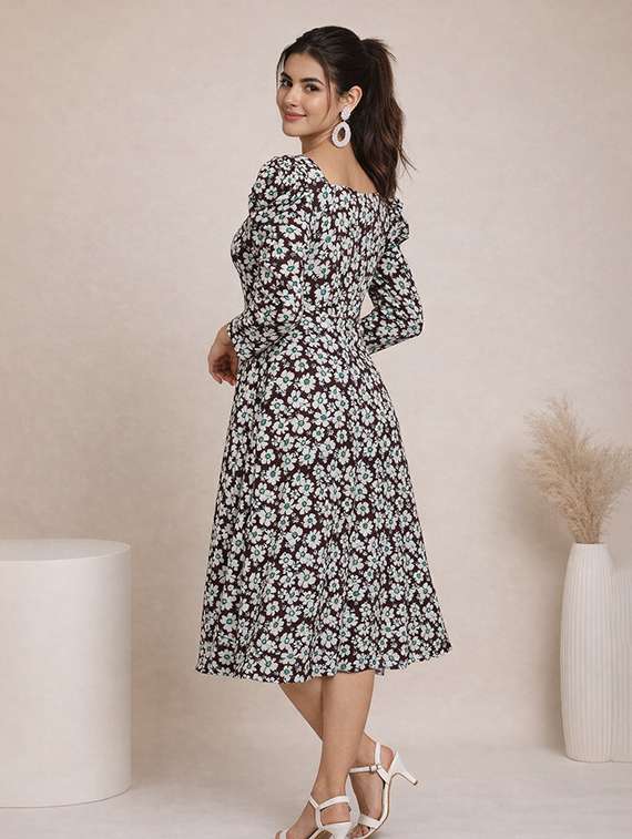 women floral print puff sleeve fit & flare dress - 22345933 -  Standard Image - 1