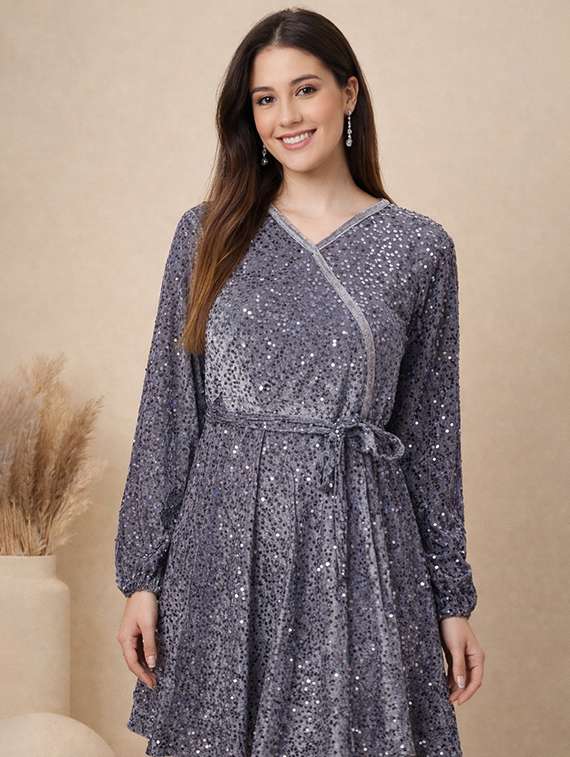 women sequined puff sleeve a-line dress - 22345935 -  Standard Image - 1