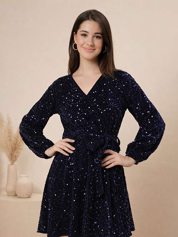 women sequined puff sleeve a-line dress - 22345936 -  Standard Image - 1