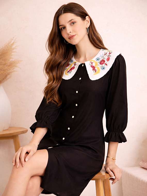 women embroidered three quarter sleeve a-line dress - 22345937 -  Standard Image - 1