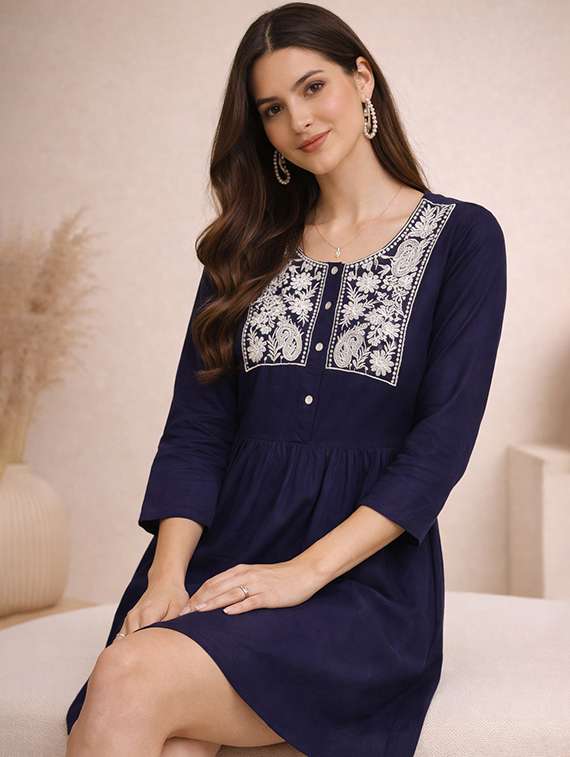 women embroidered three quarter sleeve a-line dress - 22345939 -  Standard Image - 1