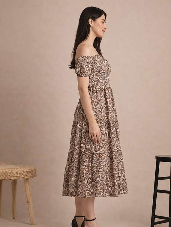 women printed off shoulder tiered dress - 22345940 -  Standard Image - 1