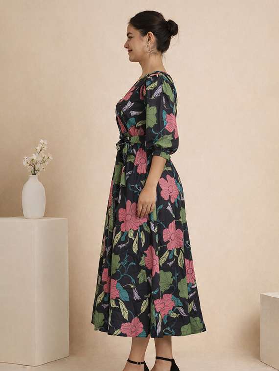 women floral print puff sleeve fit & flared dress - 22345941 -  Standard Image - 1