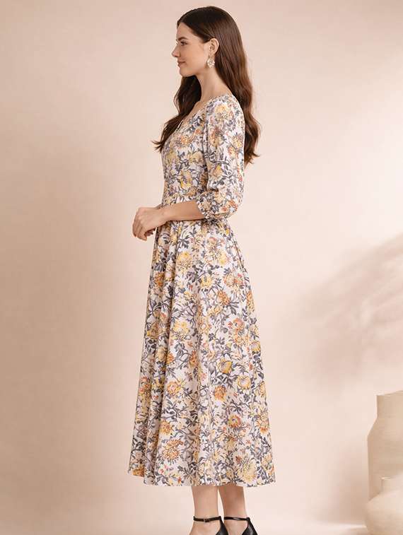 women printed puff sleeve fit & flared dress - 22345942 -  Standard Image - 1