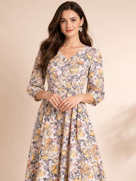 women printed puff sleeve fit & flared dress - 22345942 -  Standard Image - 4