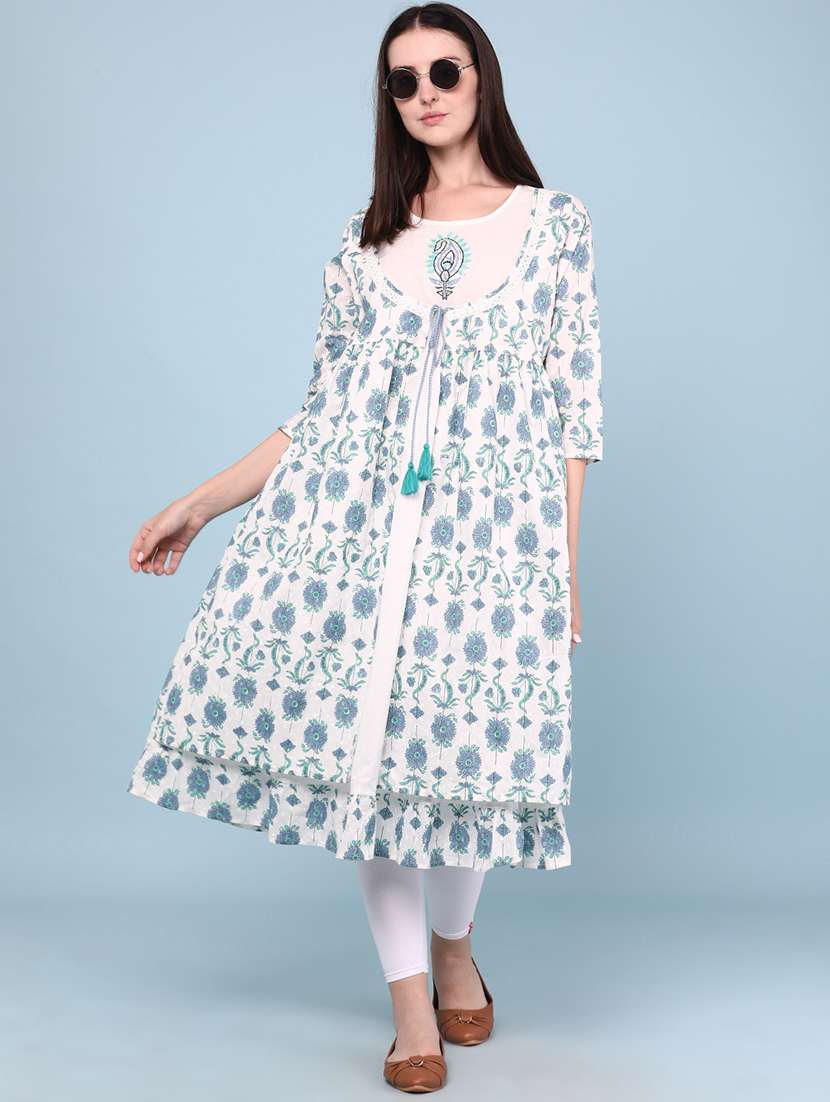 women printed three quarter sleeves flared kurta