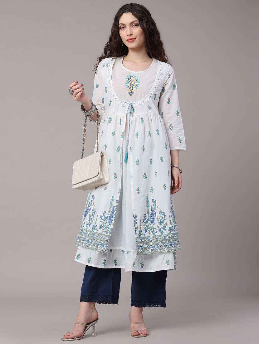 women printed three quarter sleeves flared kurta