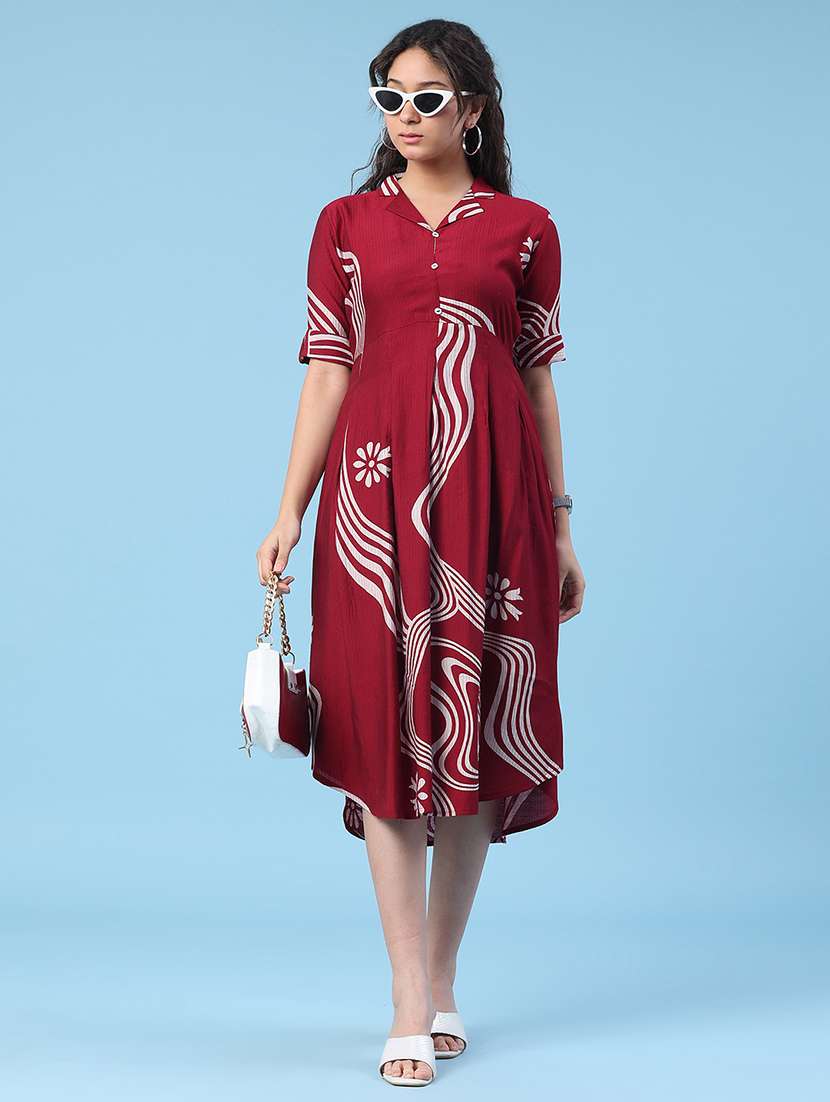 women printed short sleeves a-line dress