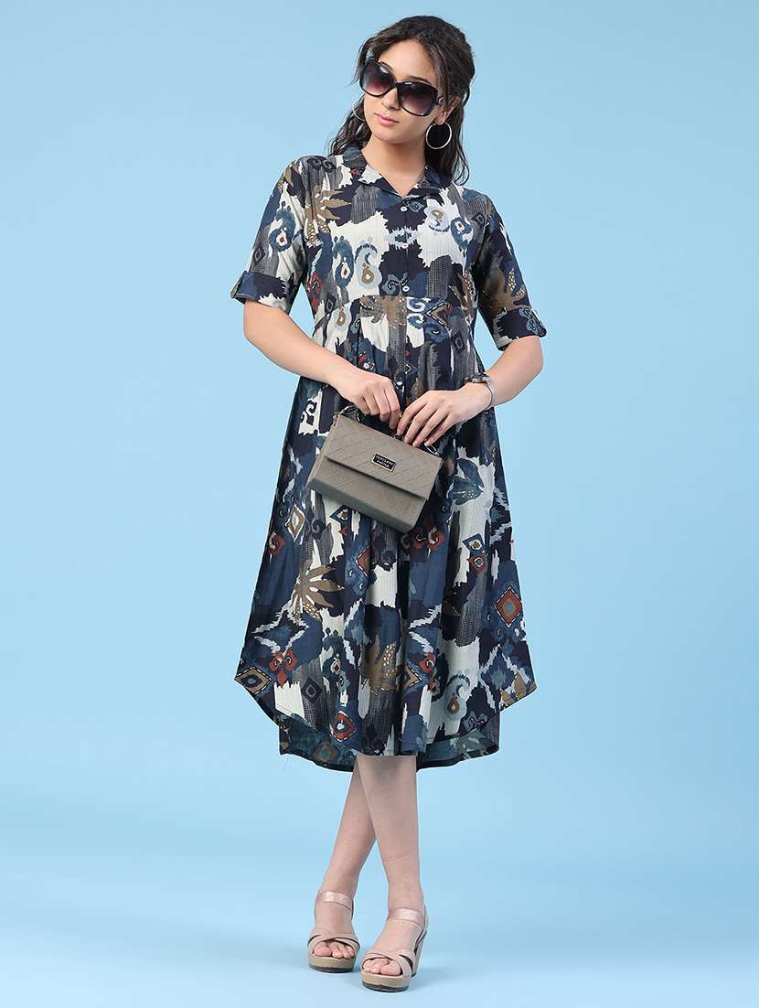 women printed short sleeves a-line dress