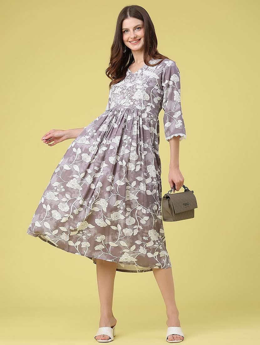 women printed three quarter sleeves fit and flare dress